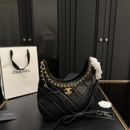 CHANEL HOBO HANDBAG SHINY AND GOLD TONE BLACK 27CM AS5419 B19643 94305