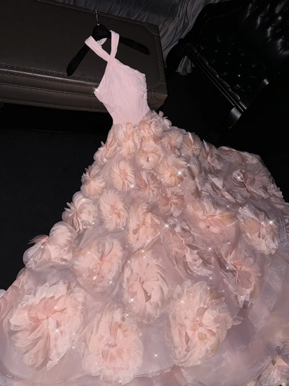 Gentle A Line Halter Pink 3D Flower Tulle Long Prom Dress Graduation Prom Dress SH2458