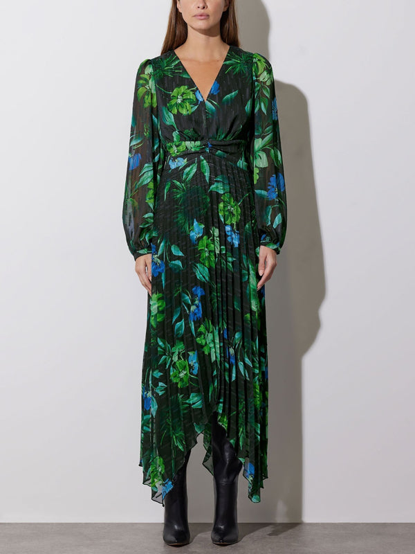 Green Pleated Floral Leaf Dress