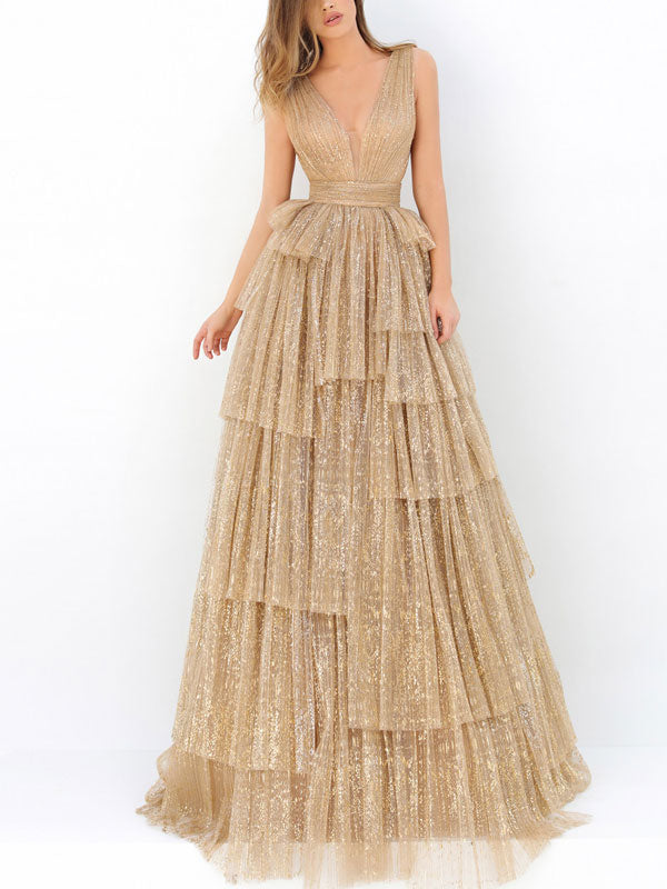 Sequin Sleeveless Printed Tulle Gown
