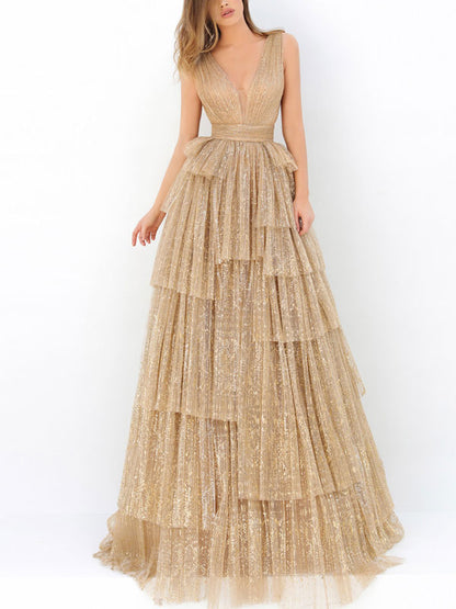 Sequin Sleeveless Printed Tulle Gown