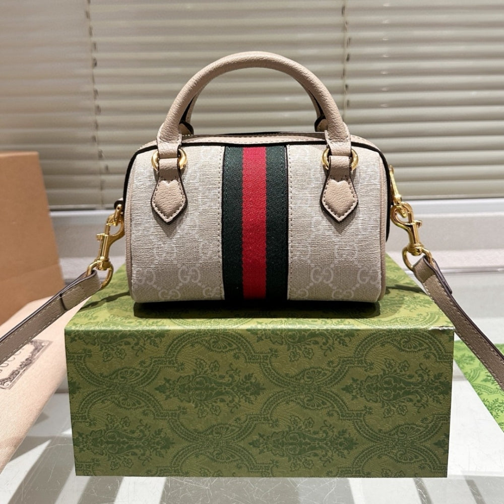 GUCCI OPHIDIA MINI BOSTON BAG BEIGE AND OATMEAL 17CM 781490 UULAG 9643