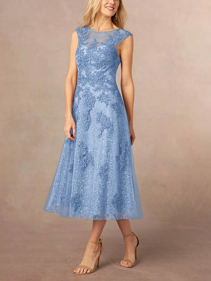 A-Line Boatneck Lace Tulle Tea-Length Dress