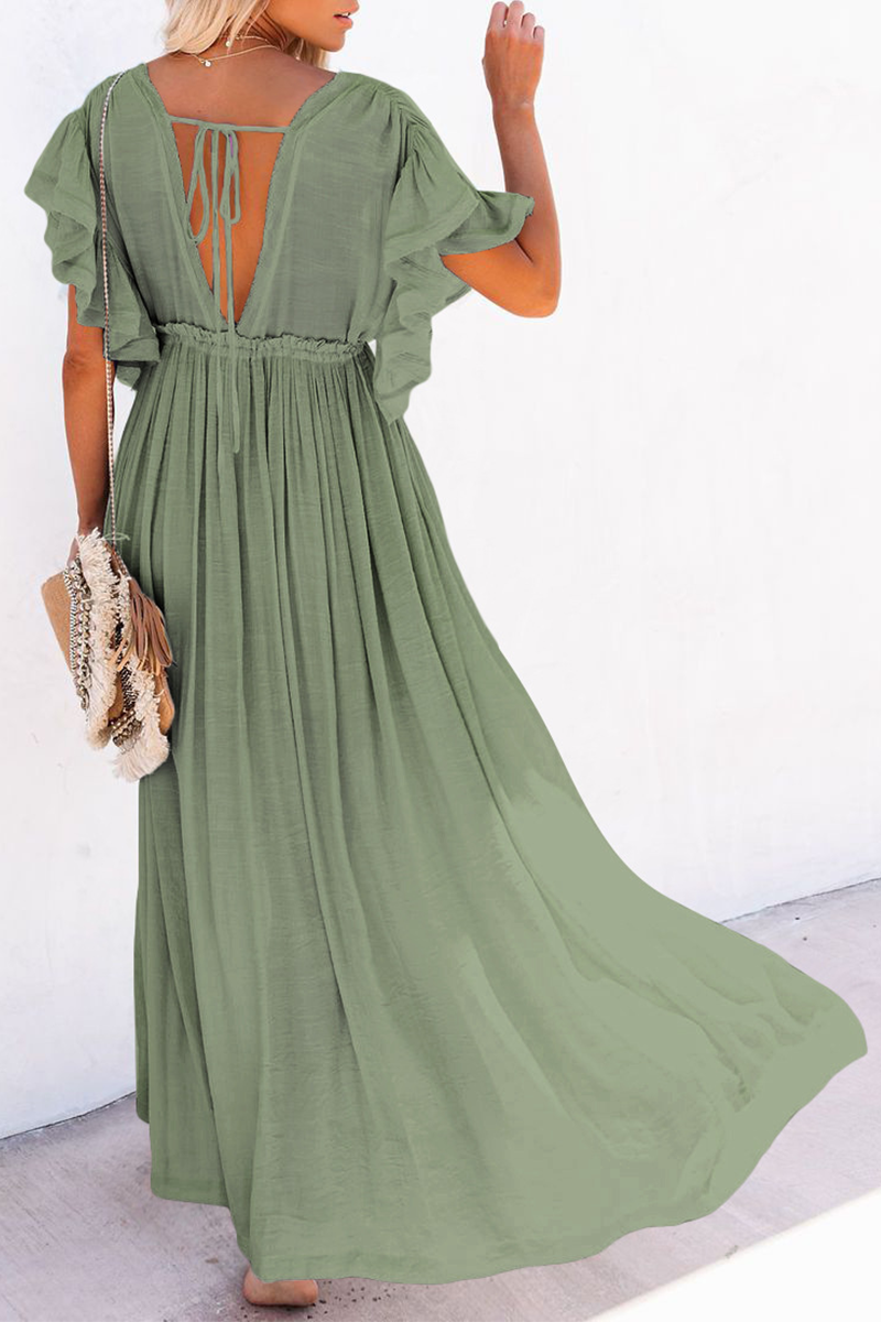 loveedsTM-Elegant Solid Frenulum Buckle V Neck A Line Dresses