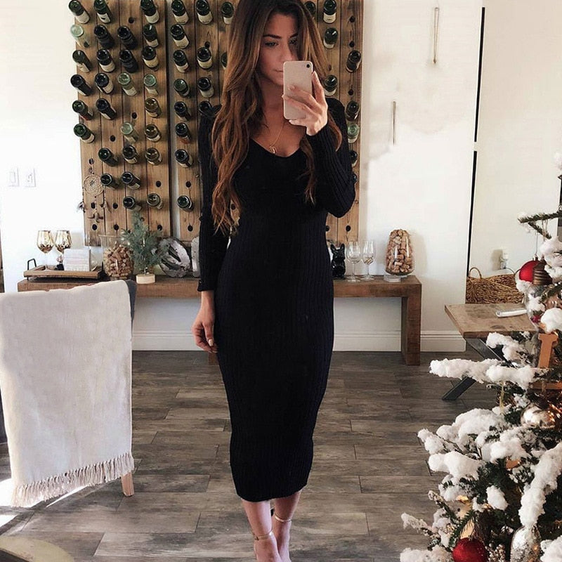 loveedsTM-Women V-Neck Long Sleeve Knitted Ribbed Maxi Dress Spring Autumn New Solid Color Caual Slim Bodycon Robe Pencil Party Vestidos