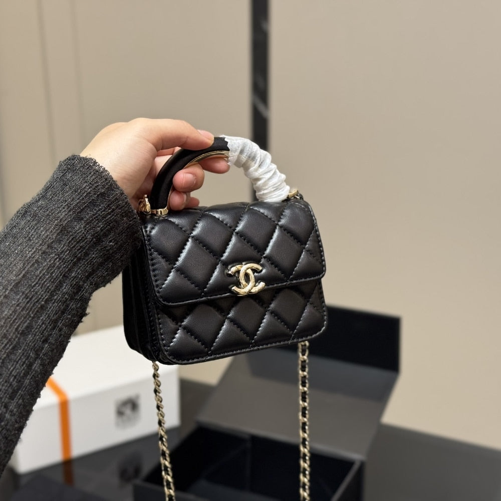 CHANEL MINI MATELASSE TOP HANDLE GOLD HARDWARE BLACK 12CM