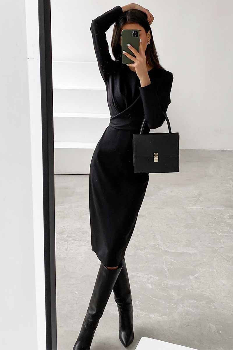 loveedsTM-Fashion Long Sleeve Waist Midi Dress