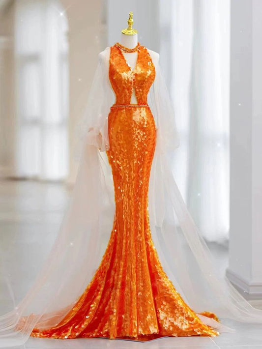 Orange Gorgeous Shiny Elegant Long Sleeve Tulle Long Sequin Mermaid Slim Ball Gown Evening Dress Party Dress gh3386