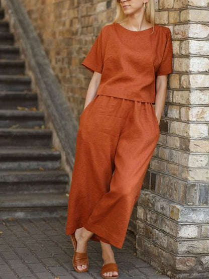 Solid Color Linen Temperament Round Neck Women's Sets