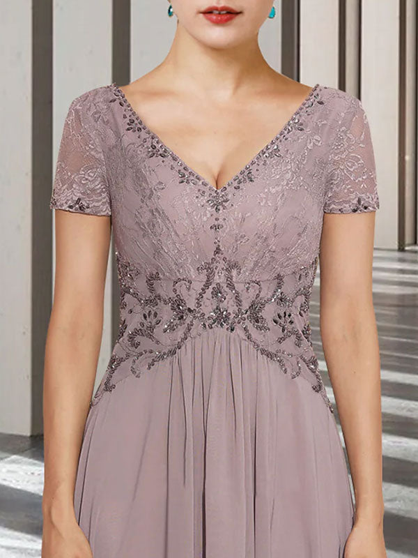 Lace Short Sleeve V Neck Style Wedding Mother-of-the-Bride Dress