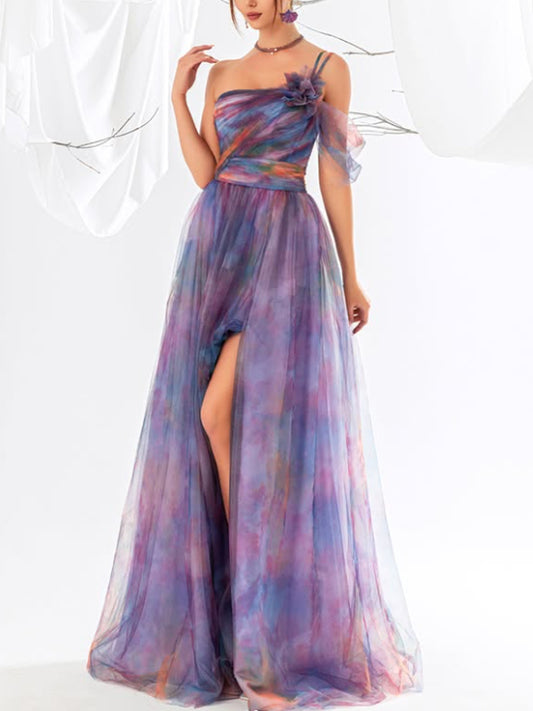 One-shoulder Elegant Chiffon Tie-dye Women's Dress