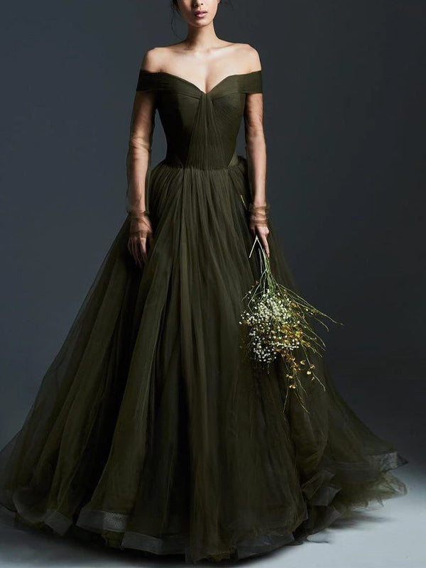 Off-the-shoulder Mesh Solid Color Maxi Dress