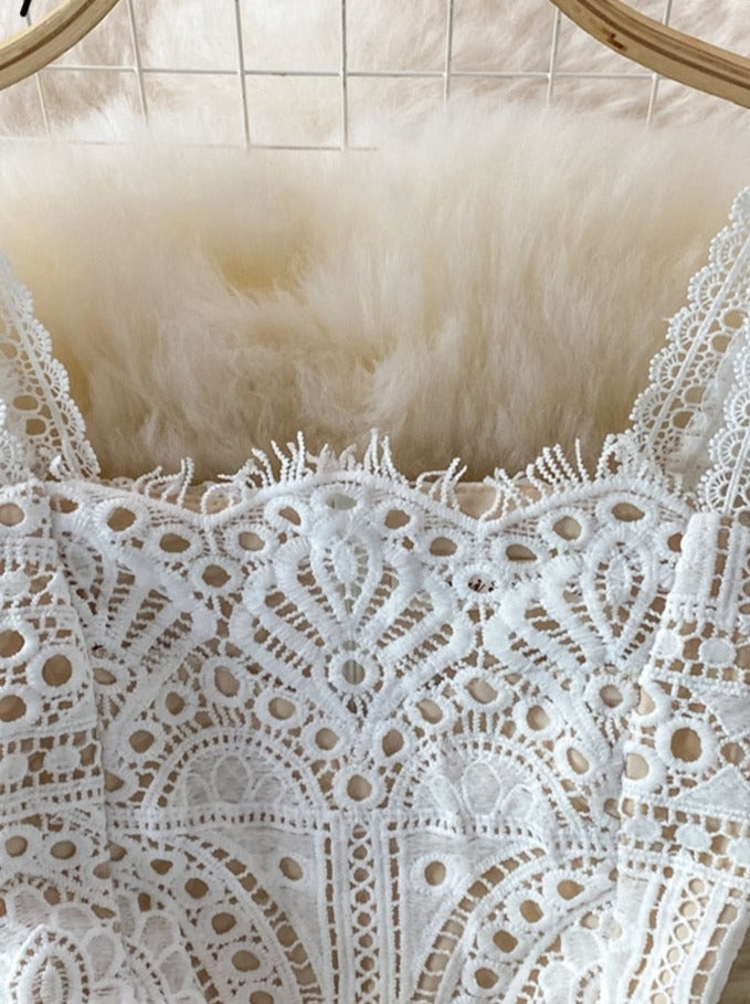 loveedsTM-White Lace Dresses for Women Summer 2024 New Puff Sleeve Square Collar Back Zipper Hollow Out A-Line Evening Midi Dress