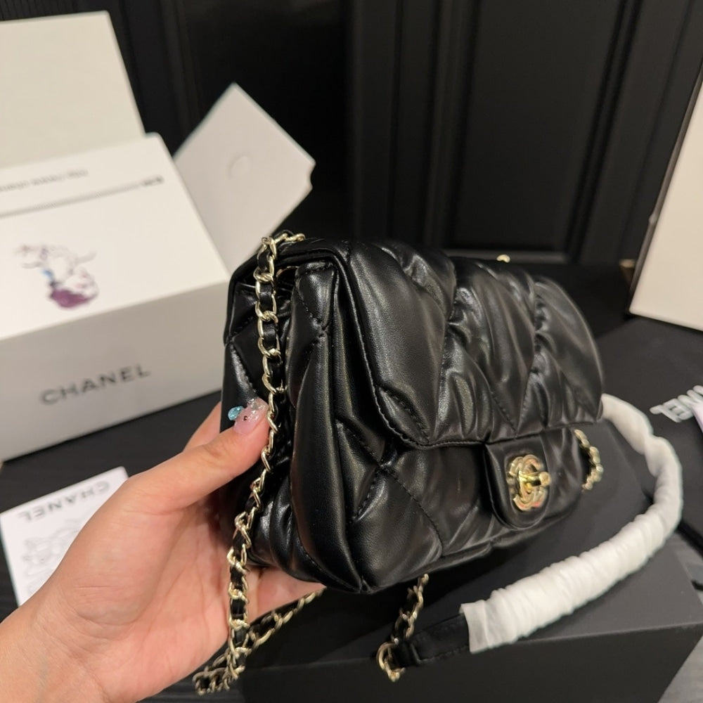 CHANEL PUFFY BUBBLY CC FLAP BAG QUILTED MEDIUM BLACK 20CM