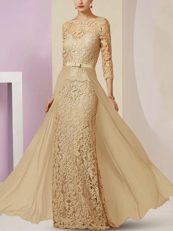 Round Neck Lace Solid Color Maxi Dress