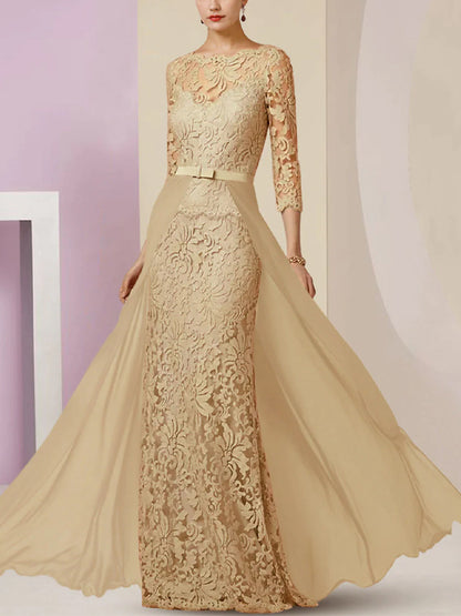 Round Neck Lace Solid Color Maxi Dress