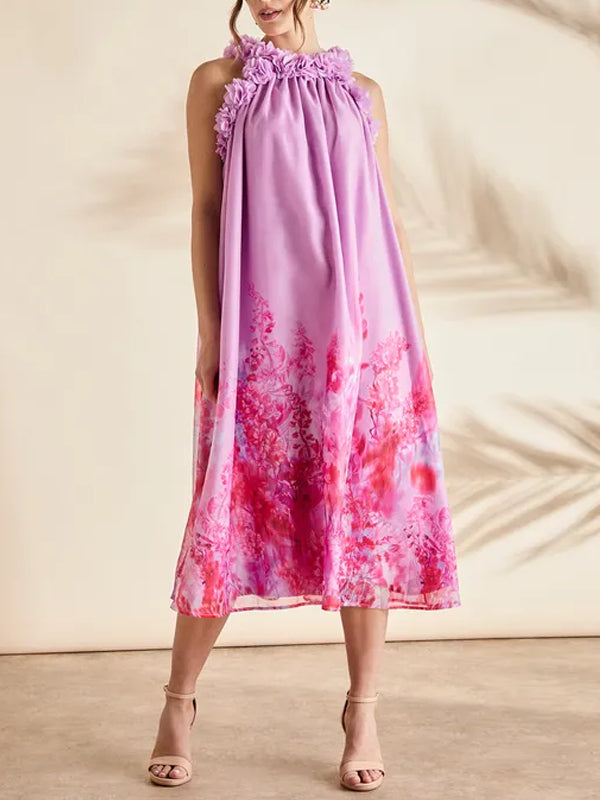 Floral Edge Printed Trapeze Midi Holiday Dress