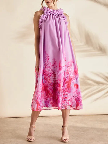 Floral Edge Printed Trapeze Midi Holiday Dress