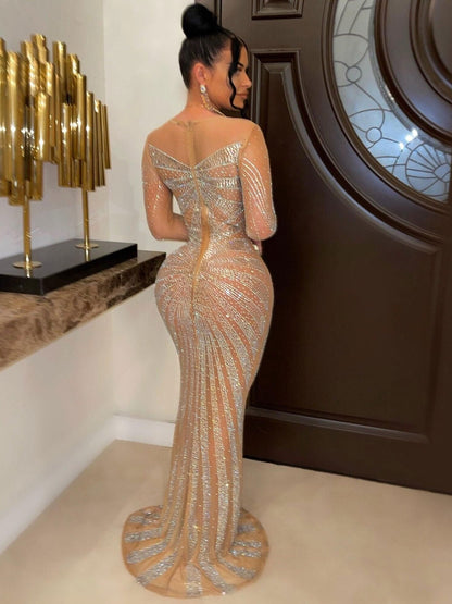 loveedsTM-Sexy Rhinestones Floor-length Evening Dresses Luxury Elegant Women's O-neck Long Sleeve See-through Mesh Night Club Long Dress