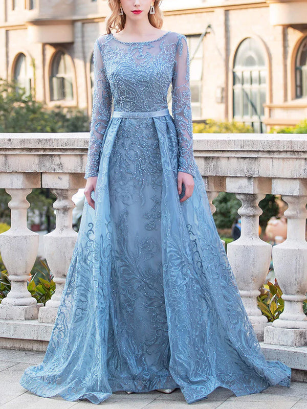 Round Neck Lace Long Sleeves Maxi Dress