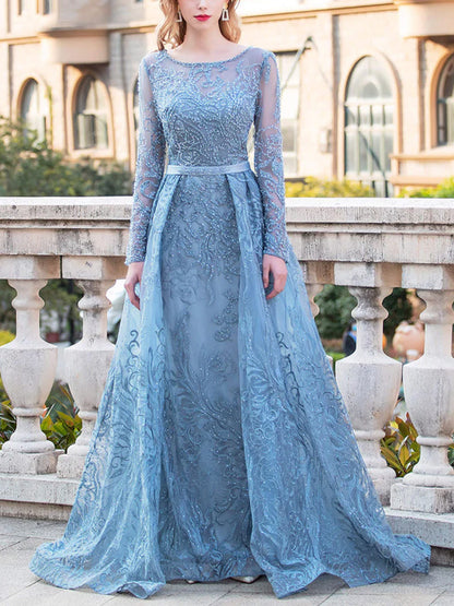 Round Neck Lace Long Sleeves Maxi Dress