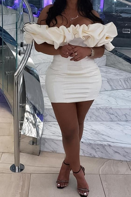 loveedsTM-thigh length ruffle sleeve pretty solid color off shoulder casual wear dress