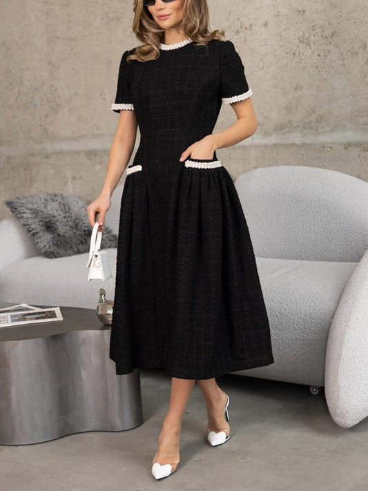 Tweed Pearl Puffy Skirt Midi Dress