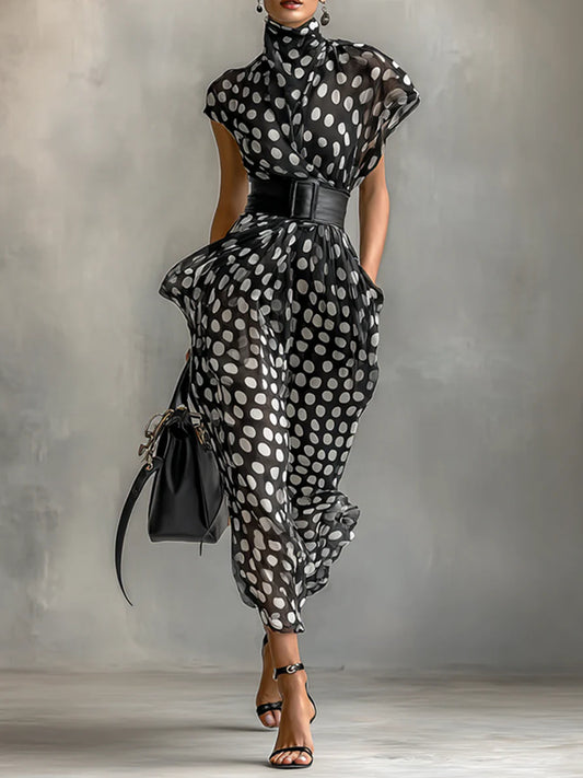 High Collar Polka Dot Print Temperament Women's Dress