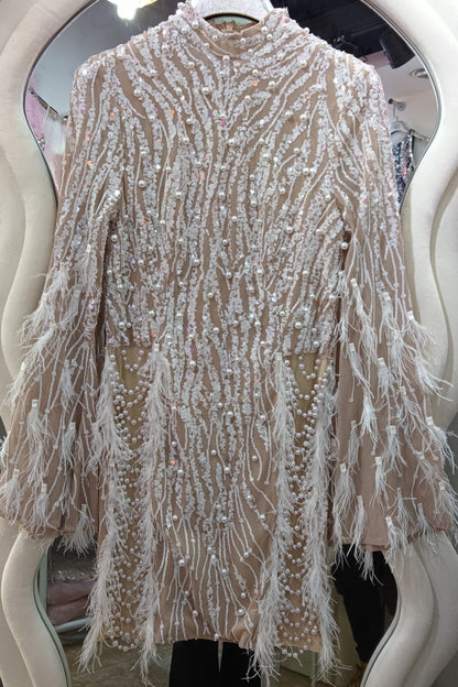 loveedsTM-New short pearl feather mesh dress-vx