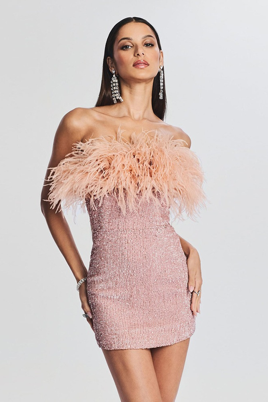 loveedsTM-Sexy backless ostrich feather fringed tube top evening dress