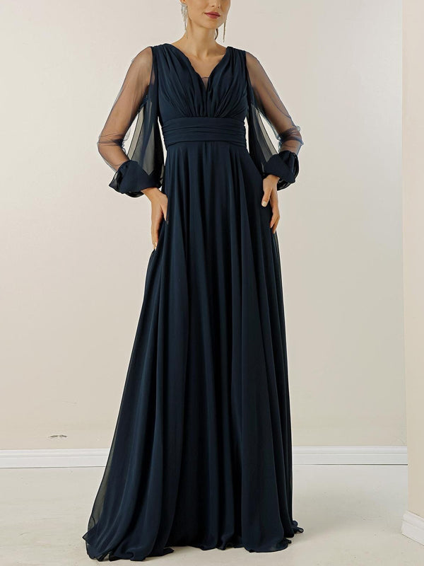 V-neck Chiffon Long Sleeve Solid Color Maxi Dress