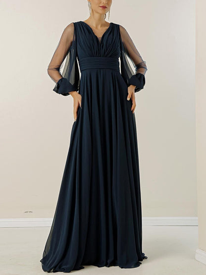 V-neck Chiffon Long Sleeve Solid Color Maxi Dress