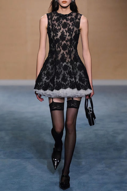 loveedsTM-Round Neck Sleeveless Lace Waist Mesh Tulle Puffy Dress