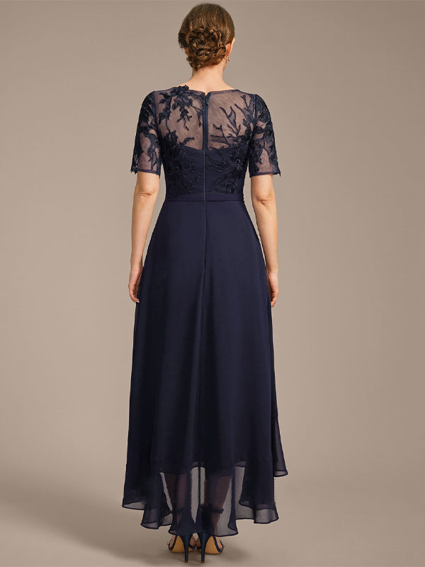 Round Neck Short Sleeve Lace Solid Color Midi Dress