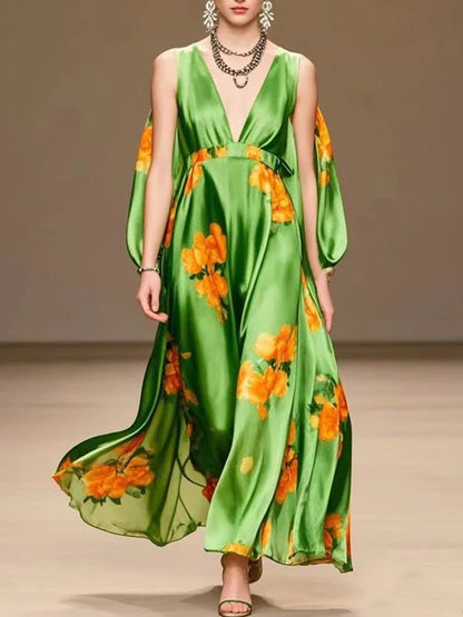 V-neck Chiffon Print Holiday Women's Dress