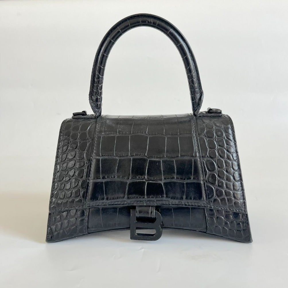 Balenciaga black croc embossed small hourglass bag
