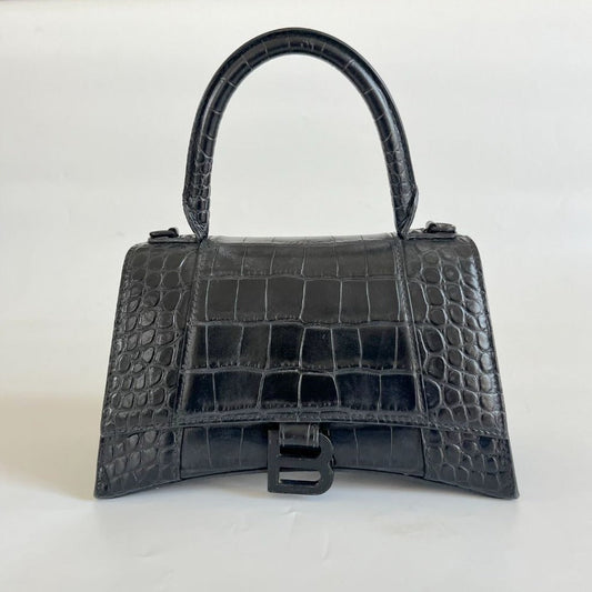 Balenciaga black croc embossed small hourglass bag