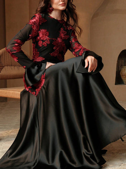 Floral Pattern Mesh Patchwork Elegant Long Sleeve Dress