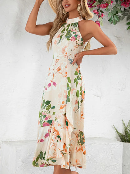Ruffle Floral Print Halter High Neck A-line Chiffon Satin Asymmetrical Midi Dress