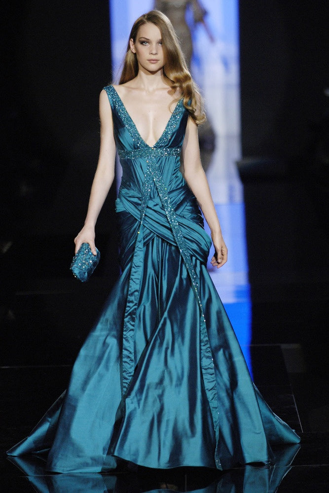 Dark Blue Classy Mermaid V Neck Sexy Beaded Satin Long Prom Dress Evening Dress SH3453