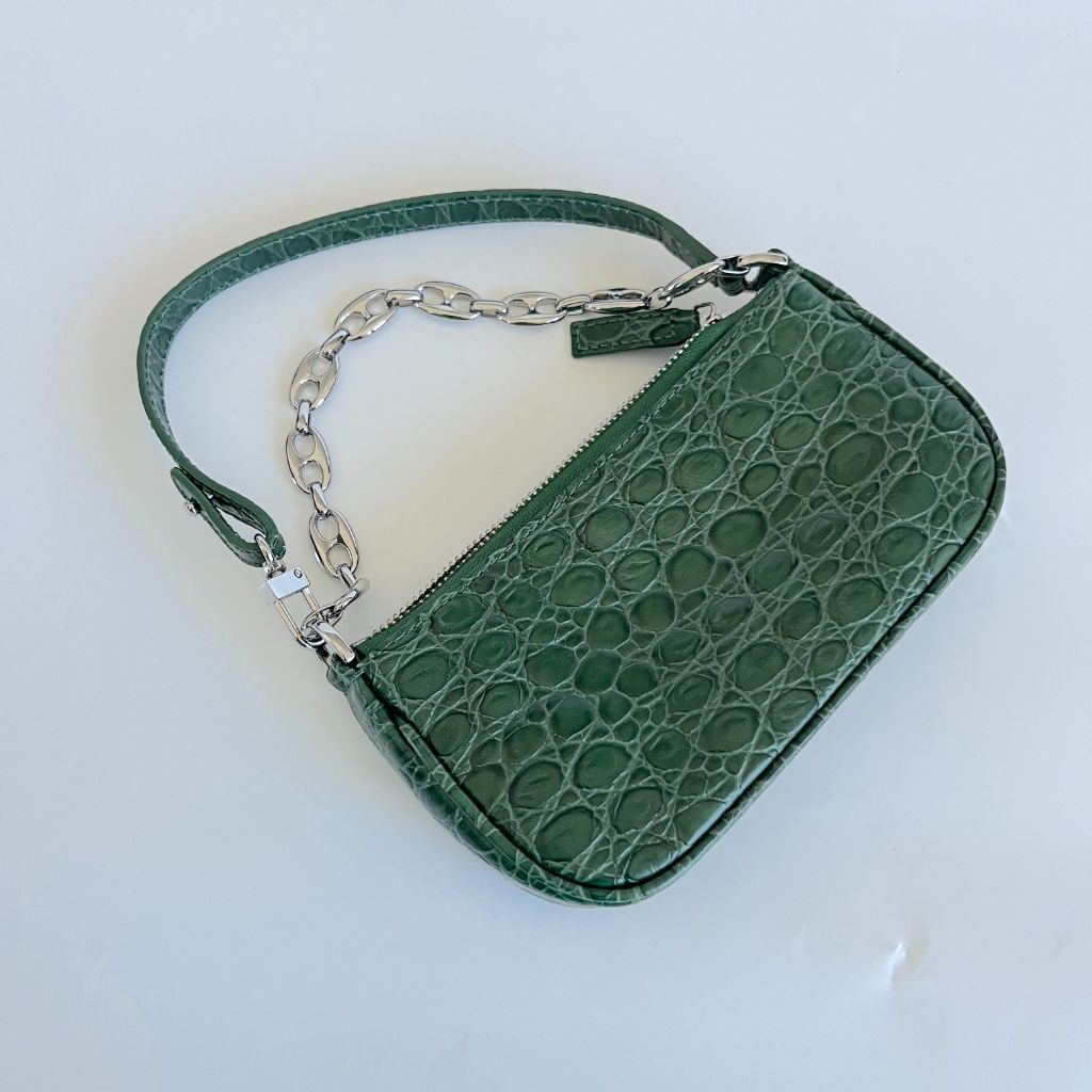 By Far Green Crocodile Embossed Rachel mini hand bag