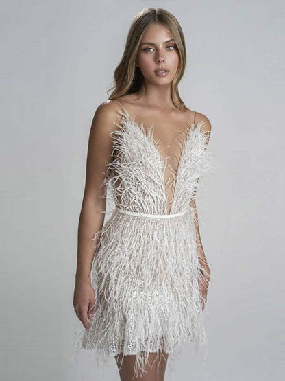 loveedsTM-Sexy Feather Spaghetti Strap Dress Women Summer Deep V-Neck Female Mini Dresses Fashion Evening Party Club Elegant Lady Dresses