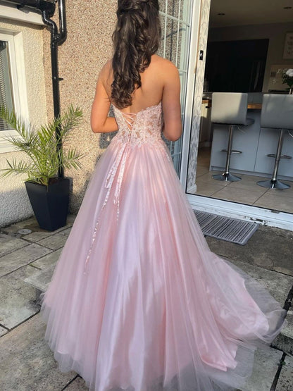 Pink sweetheart tulle lace long prom dress, pink tulle lace evening dress