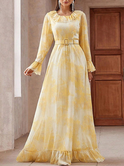 Elegant Mesh Print Belted Women's Dress