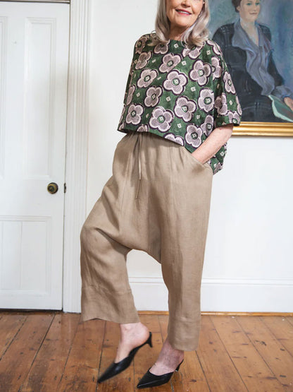 Lace-up Nine-point Cotton and Linen Women's Pants
