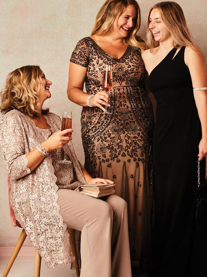 V-neck Beaded Short Sleeve Dress with Godets Mother of the Bride Dress