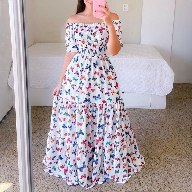 loveedsTM-Sexy Off The Shoulder Tube Top Dress Butterfly Rainbow Floral Print Dress Ladies Elegant Slim Summer Bohemian Party Maxi Dresses