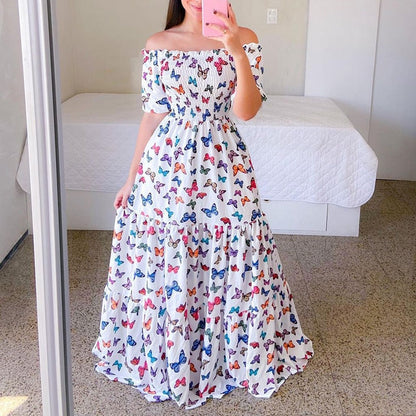 loveedsTM-Sexy Off The Shoulder Tube Top Dress Butterfly Rainbow Floral Print Dress Ladies Elegant Slim Summer Bohemian Party Maxi Dresses