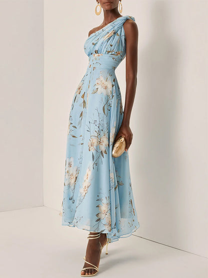 Light Blue Chiffon One Shoulder Sleeveless A-Line Maxi Dress