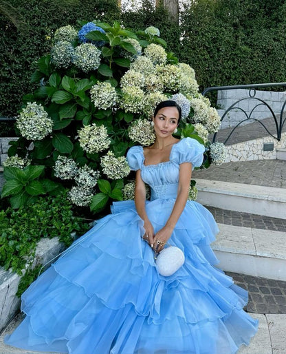 Blue Princess Cute Elegant A-line Short Sleeve Long Tulle Party Dress Evening Dress Ball Gown gh4197